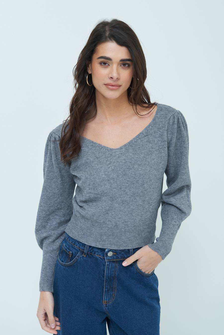 Kikisix MAGLIA SCOLLO V CON MANICA INCRESPATA GRIGIO Offerte speciali