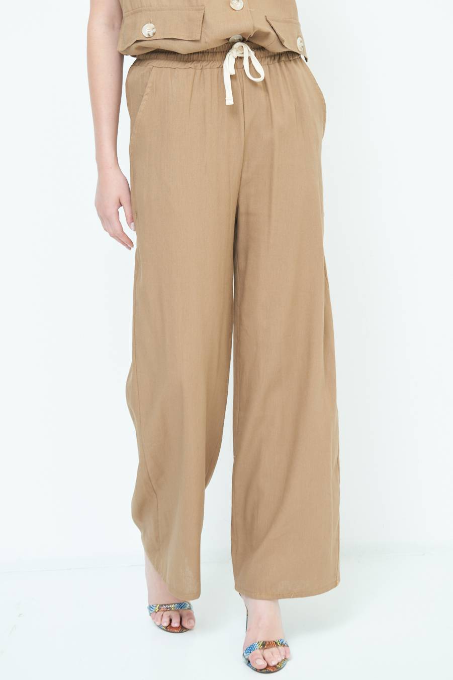 Kikisix PANTA PALAZZO CON ELASTICO VISCOSA LINO TABACCO Super Saving Price