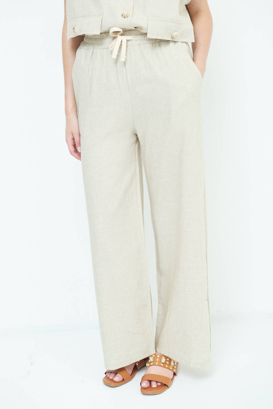 Kikisix PANTA PALAZZO CON ELASTICO VISCOSA LINO NATURALE Ritorno libero
