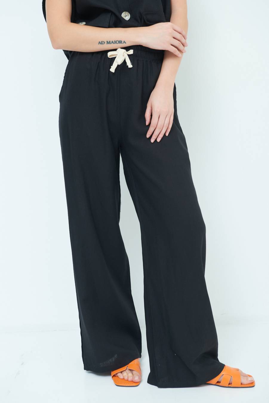 Kikisix PANTA PALAZZO CON ELASTICO VISCOSA LINO NERO Rilascio limitato