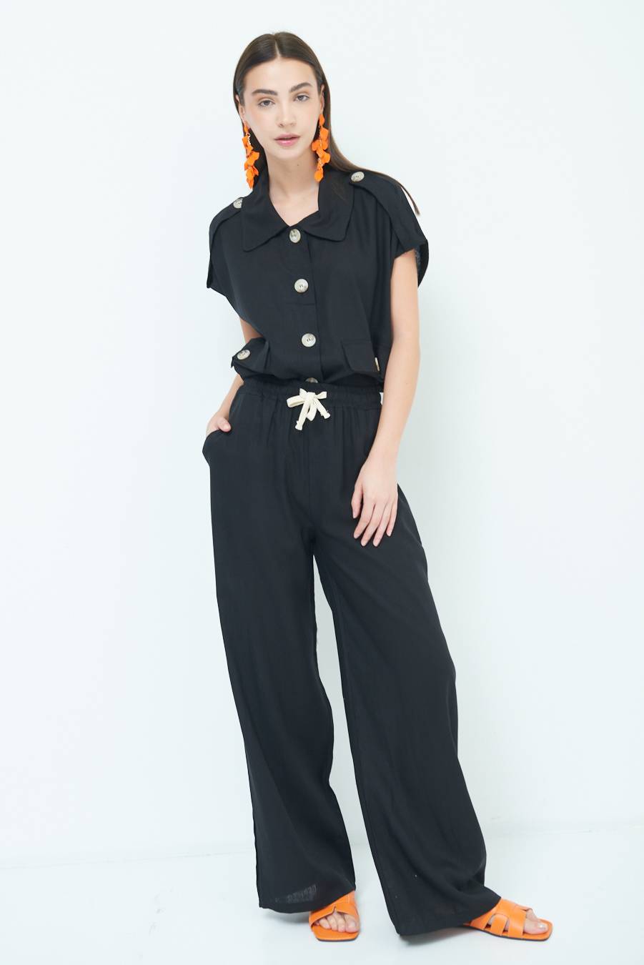 Kikisix PANTA PALAZZO CON ELASTICO VISCOSA LINO NERO Rilascio limitato