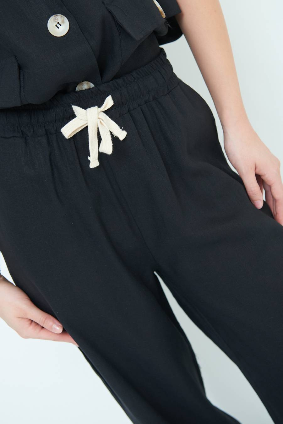 Kikisix PANTA PALAZZO CON ELASTICO VISCOSA LINO NERO Rilascio limitato