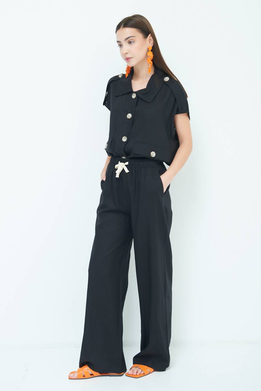 Kikisix PANTA PALAZZO CON ELASTICO VISCOSA LINO NERO Rilascio limitato