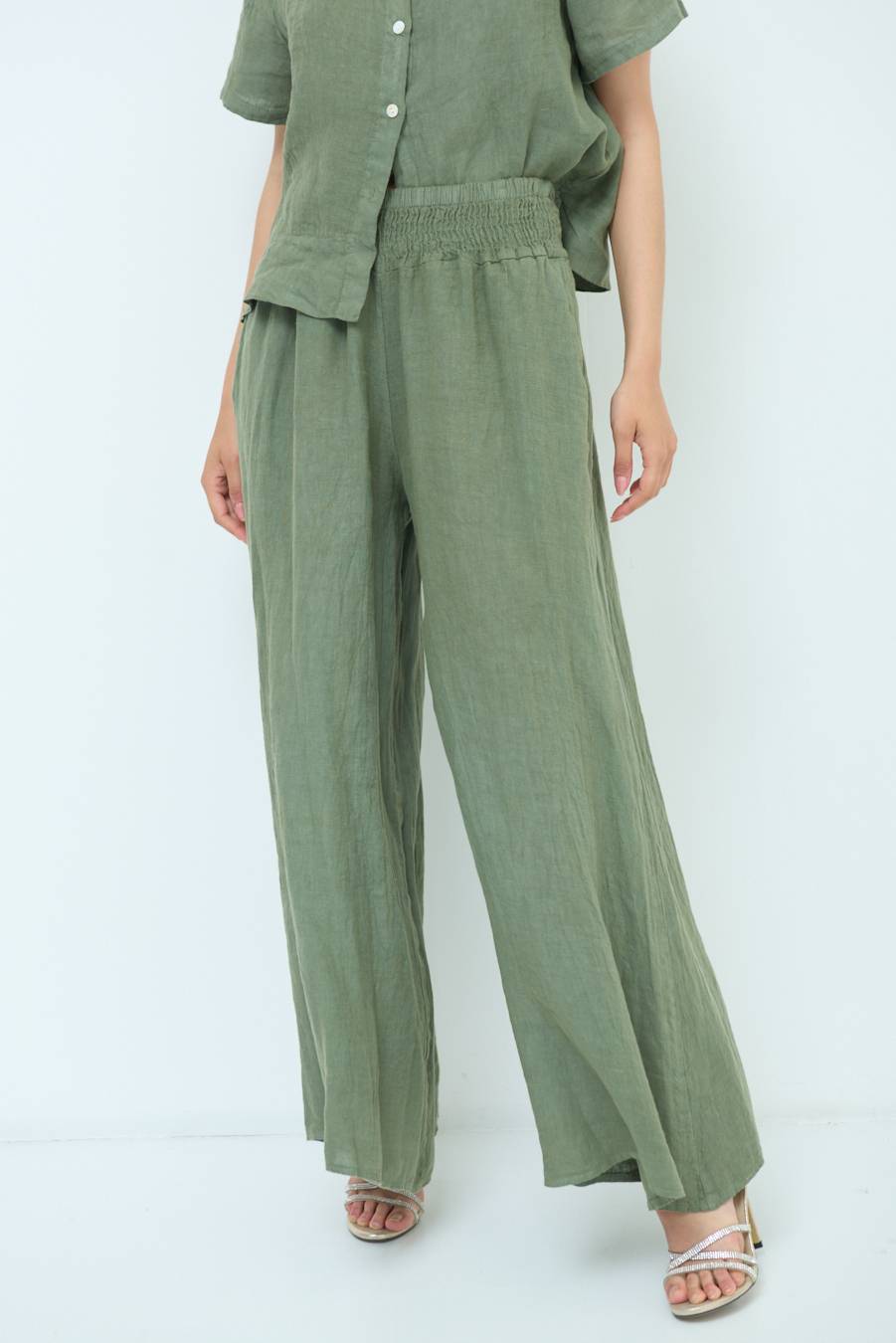 Kikisix PANTA PALAZZO LINO CON ELASTICI VERDE MILITARE Ultimo giorno