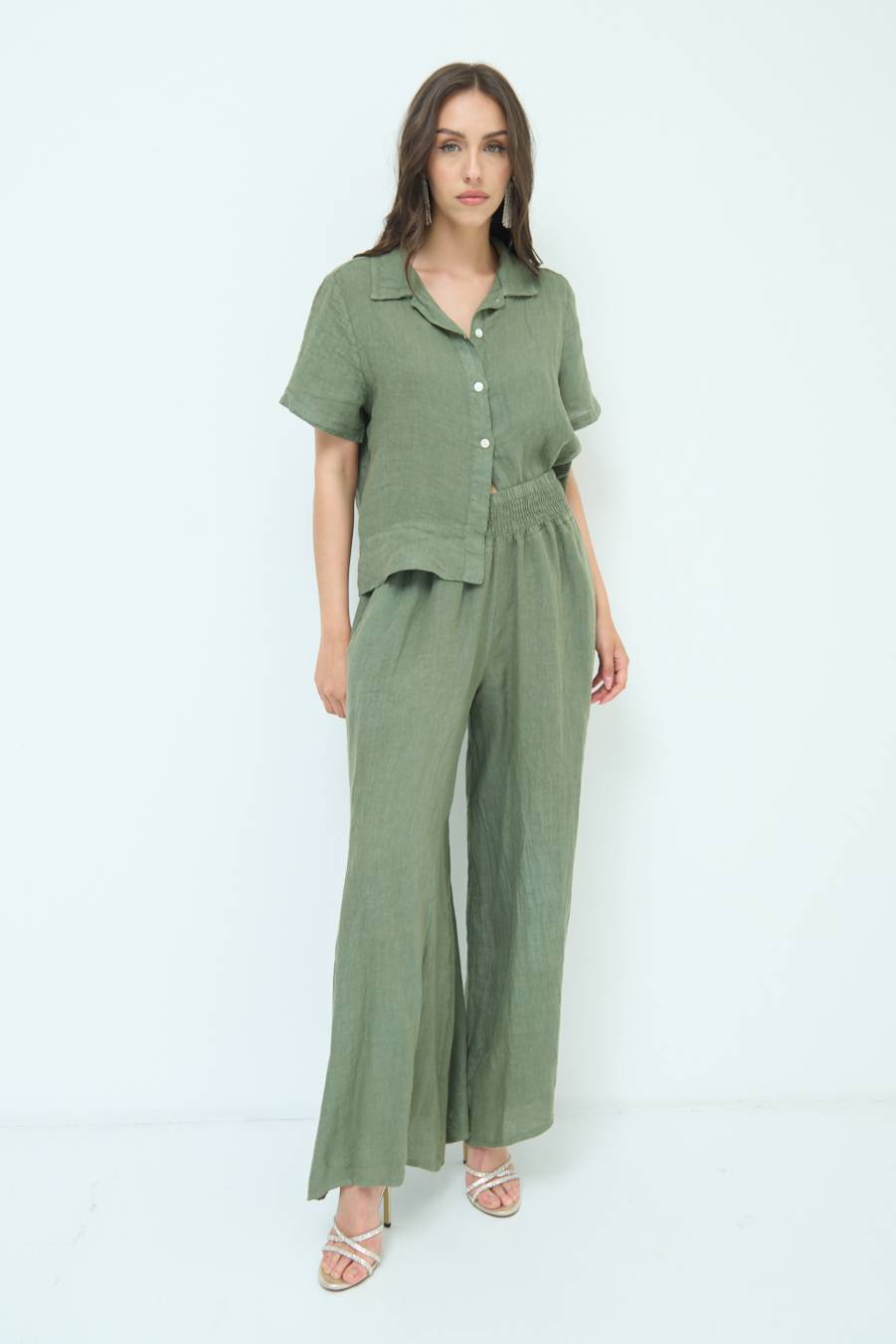 Kikisix PANTA PALAZZO LINO CON ELASTICI VERDE MILITARE Ultimo giorno