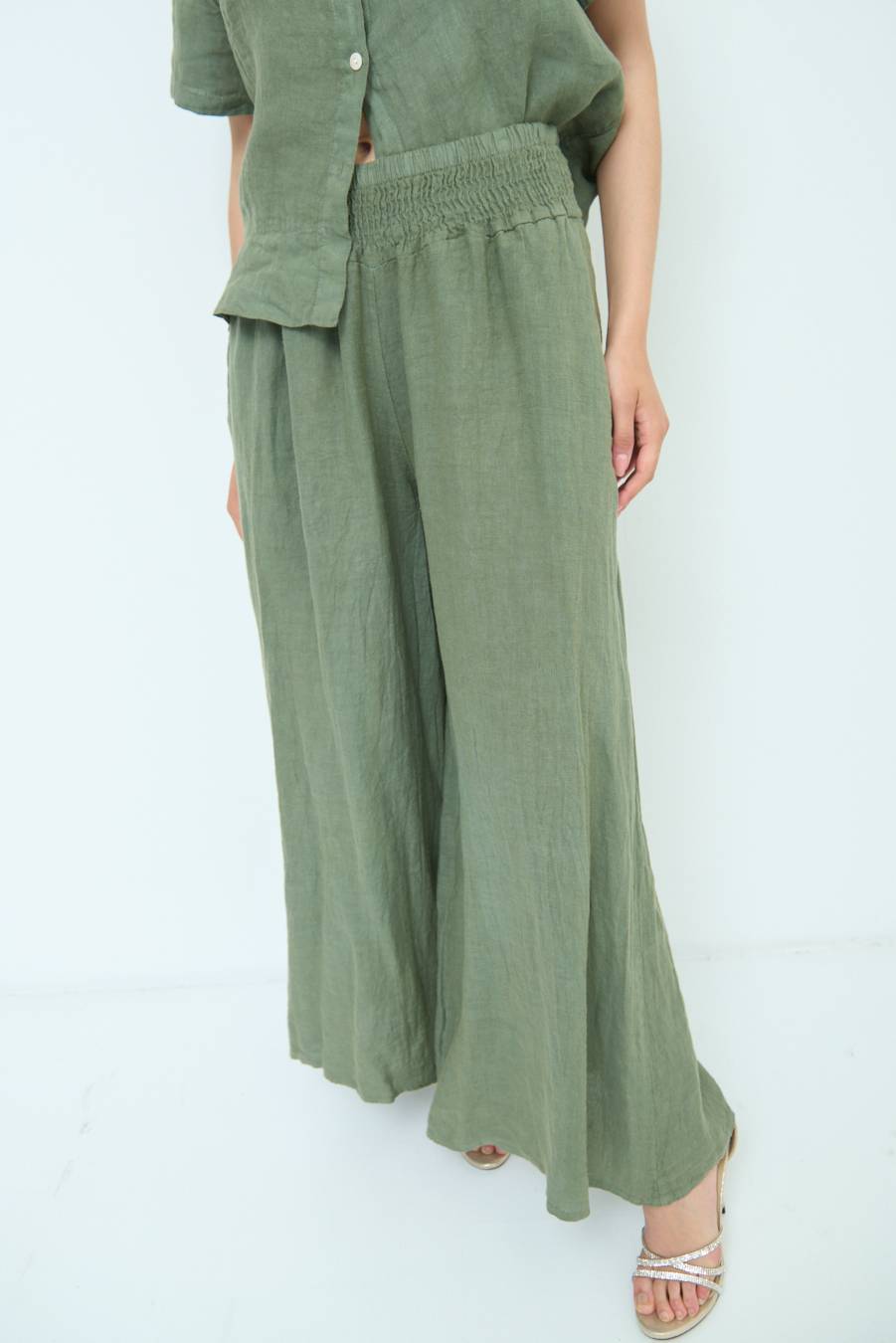 Kikisix PANTA PALAZZO LINO CON ELASTICI VERDE MILITARE Ultimo giorno