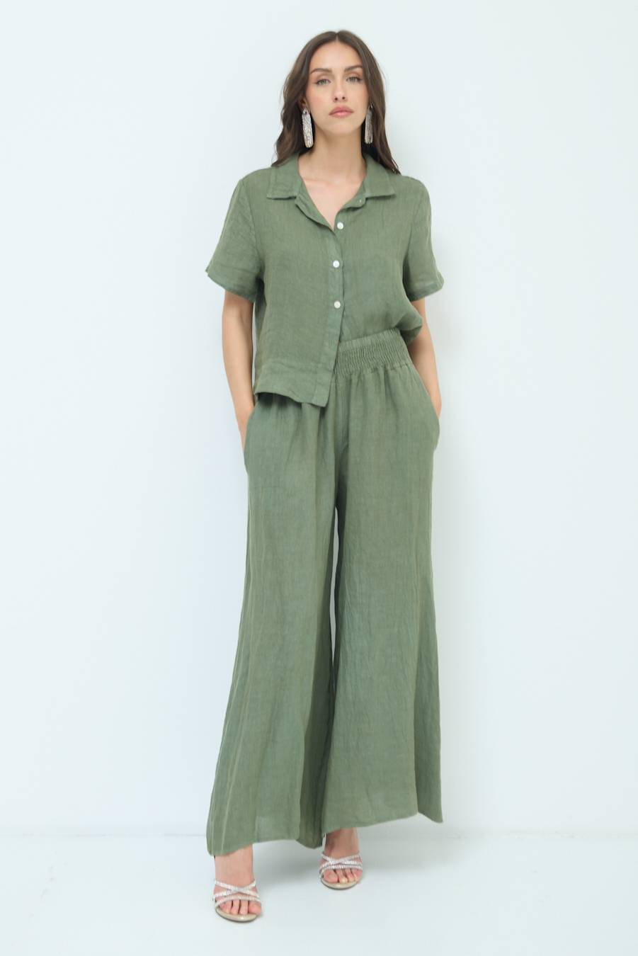 Kikisix PANTA PALAZZO LINO CON ELASTICI VERDE MILITARE Ultimo giorno