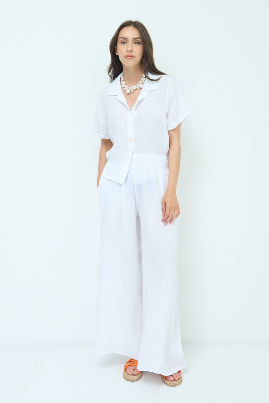 Kikisix PANTA PALAZZO LINO CON ELASTICI BIANCO Promozione temporanea