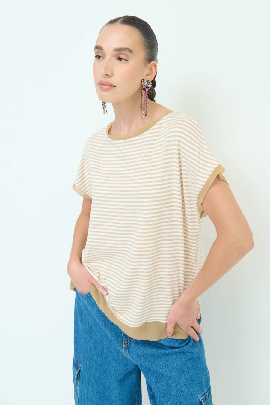 Kikisix T-SHIRT OVER VISCOSA RIGHE BEIGE Negozio online di fabbrica