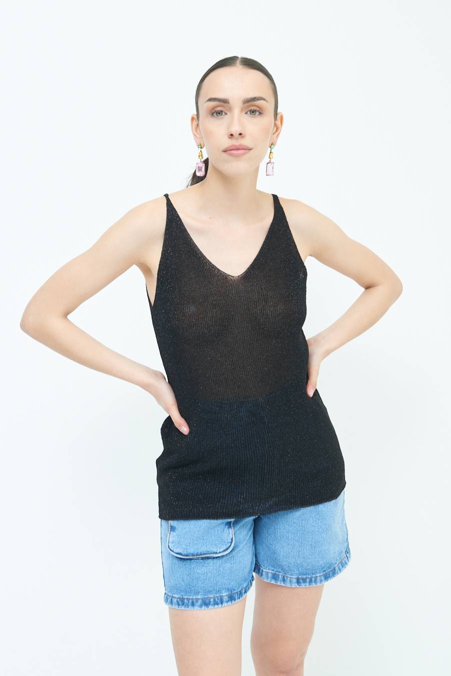 Kikisix CANOTTA AMPIA LUREX NERO Vendita calda