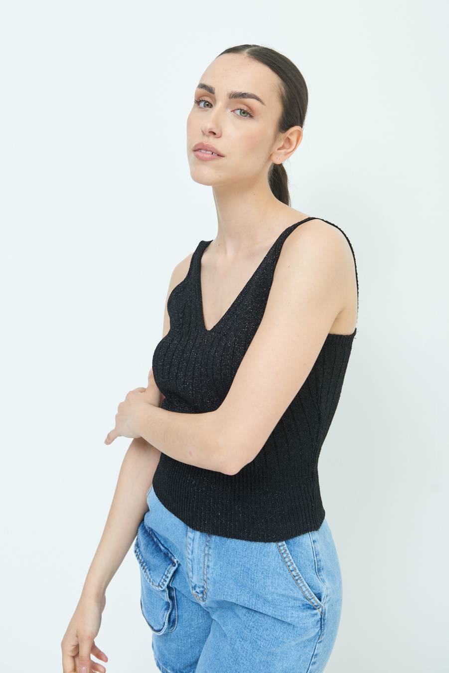 Kikisix CANOTTA LUREX CON COSTINA NERO Latest fashion