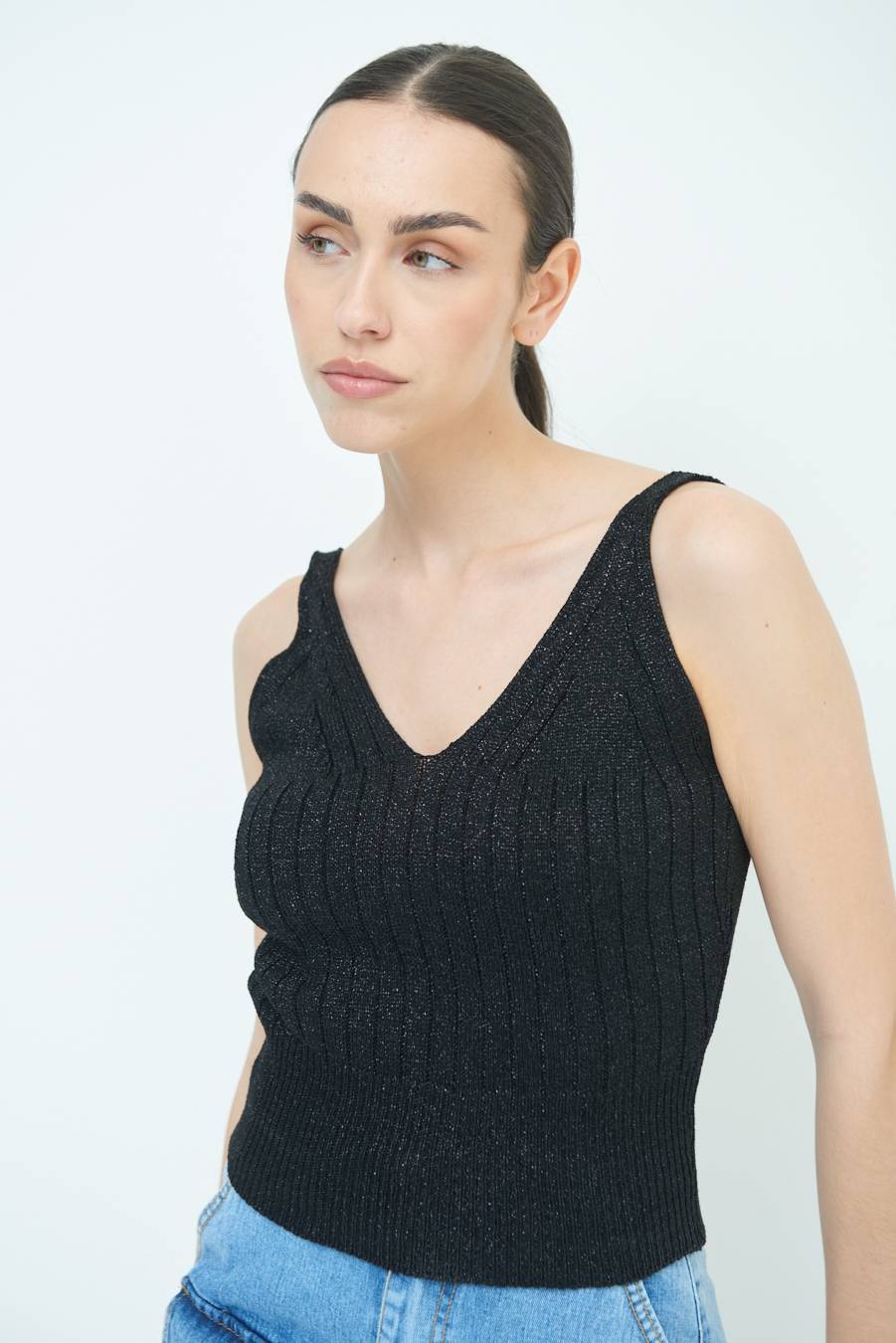 Kikisix CANOTTA LUREX CON COSTINA NERO Latest fashion