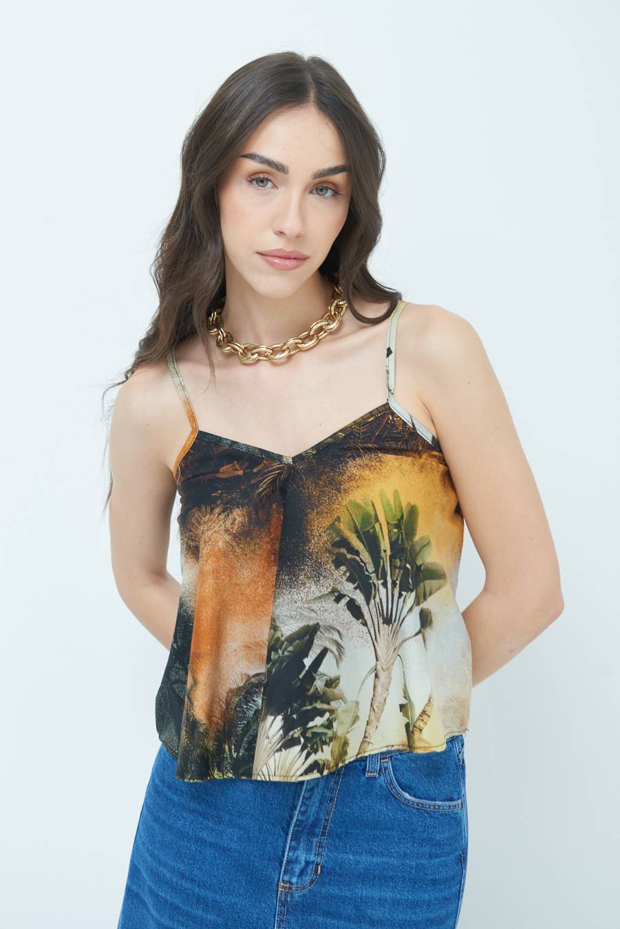 Kikisix TOP SPALLINI FANTASIA PALME NERO/OCRA Offerte esclusive
