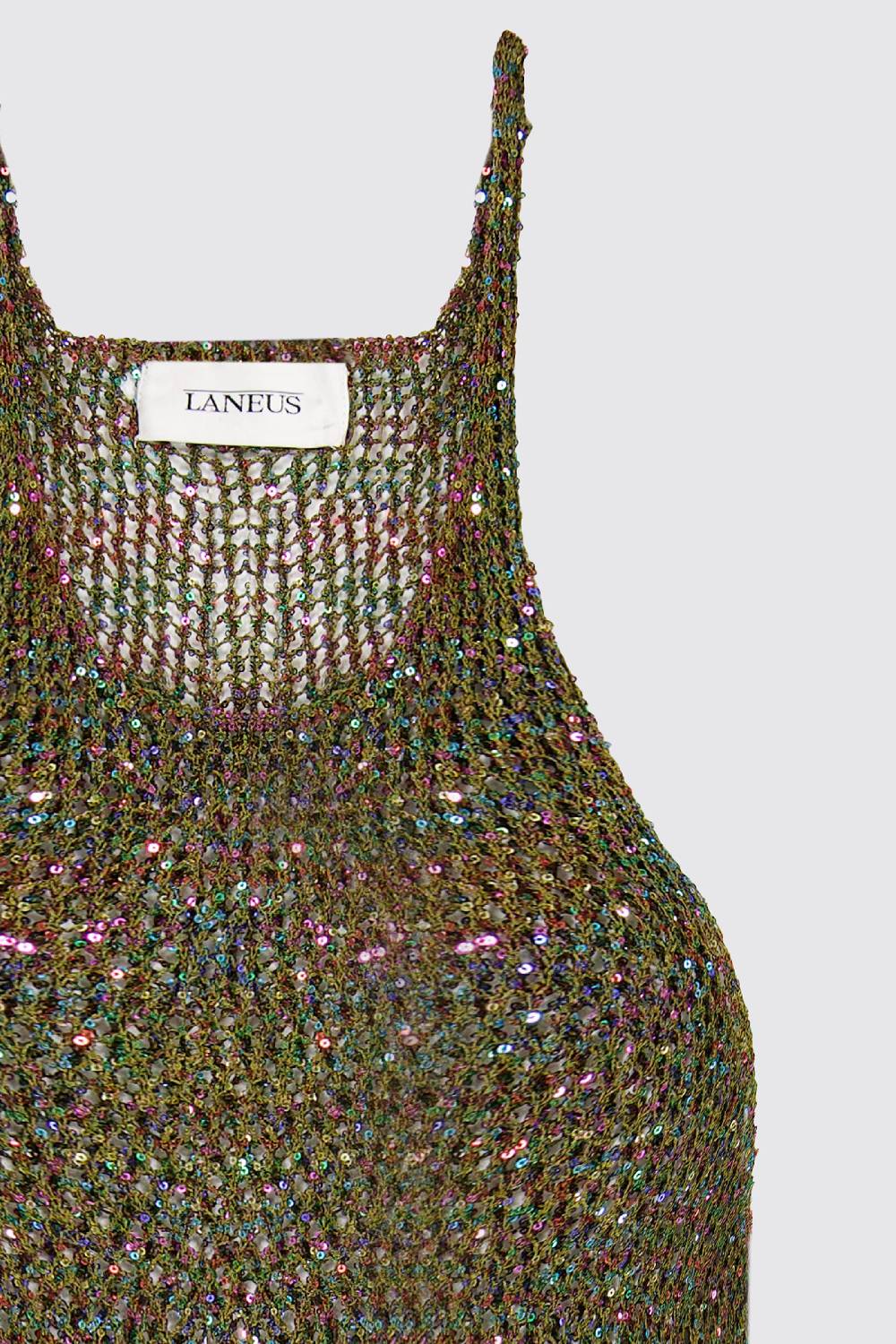 Laneus Lanues canotta in mesh military green con mini paillettes multicolor 2025
