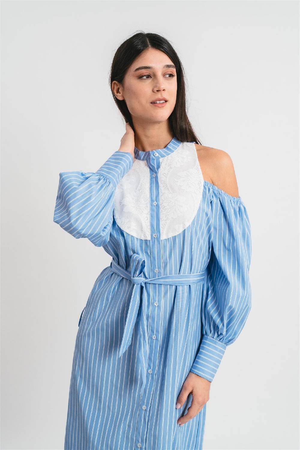 Pink Memories Abito chemisier a righe con plastron in pizzo Negozio