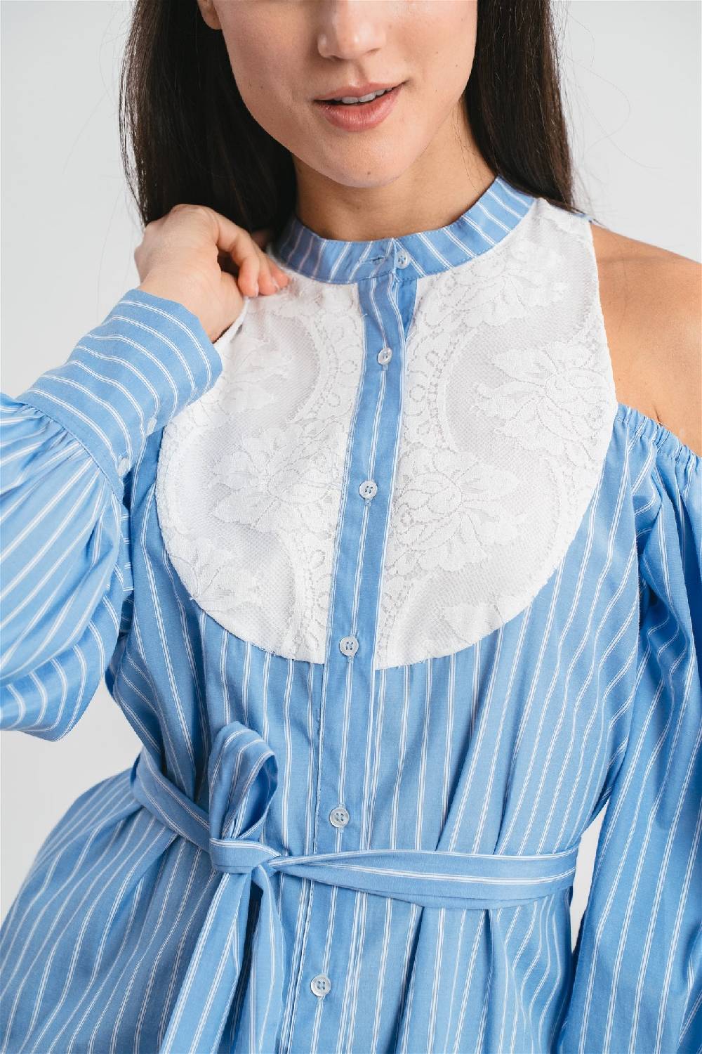 Pink Memories Abito chemisier a righe con plastron in pizzo Negozio