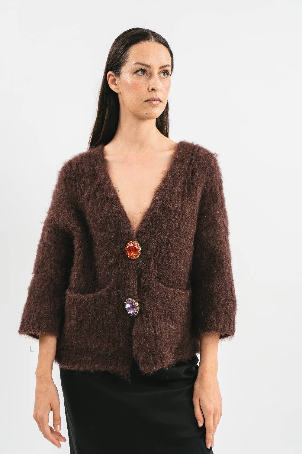 Pink Memories Cardigan over in alpaca con tasche e spille gioiello Consegna Veloce