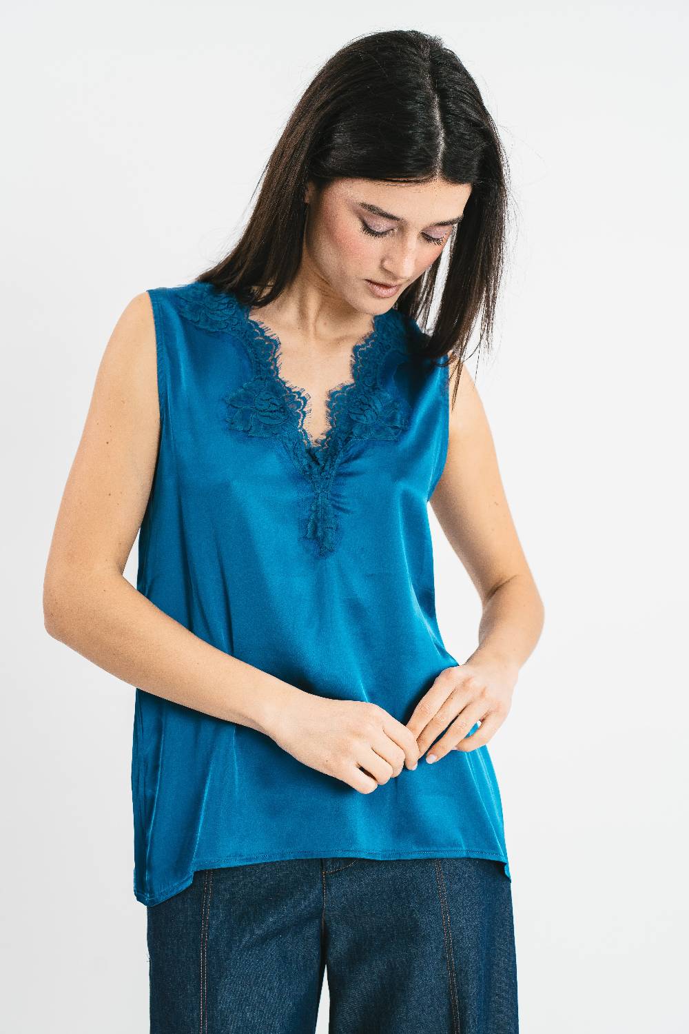 Pink Memories Top spalla larga con dettagli in pizzo Outlet