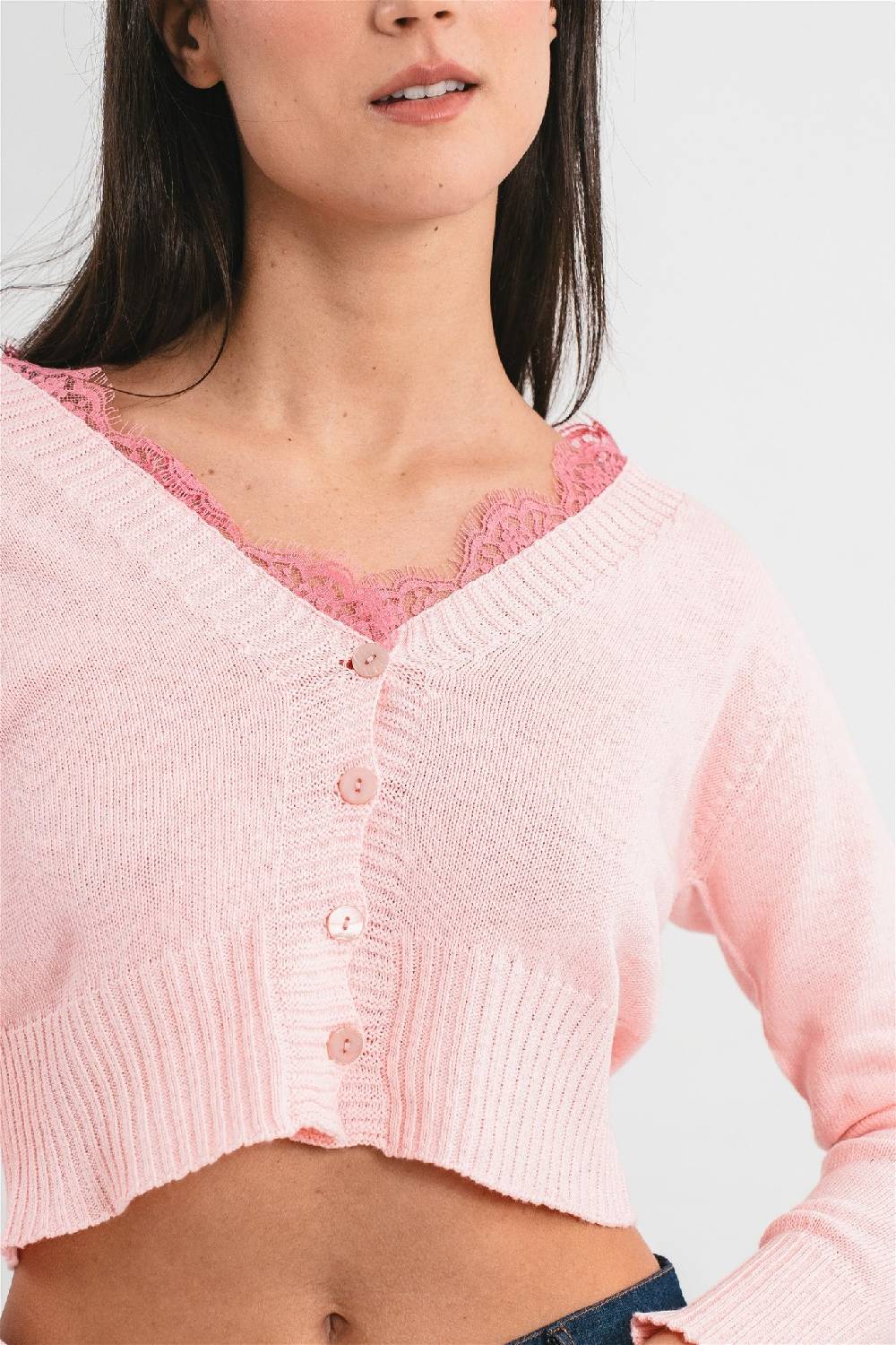 Pink Memories Cardigan crop con dettagli in pizzo Offerte