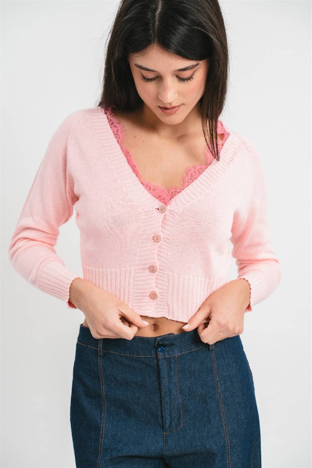 Pink Memories Cardigan crop con dettagli in pizzo Offerte