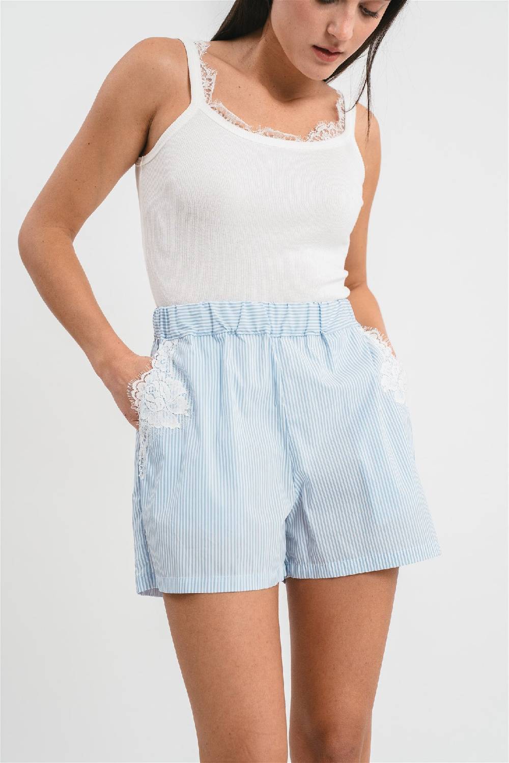 Pink Memories Bermuda a righe con dettagli in pizzo Vendita Calda