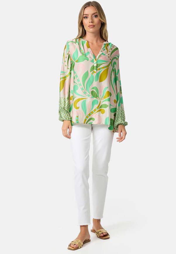 Please Jeans BLUSA CATNOIR IN ECOVEROSATIN - FIORI VERDI Spedizione Gratuita