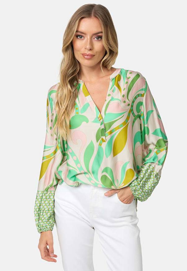 Please Jeans BLUSA CATNOIR IN ECOVEROSATIN - FIORI VERDI Spedizione Gratuita