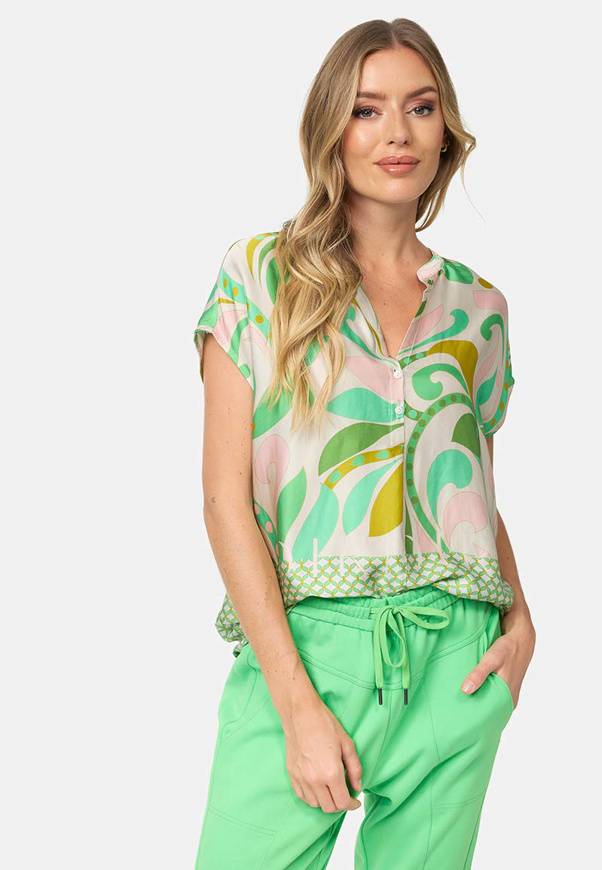 Please Jeans BLUSA CATNOIR A MANICHE CORTE IN ECOVEROSATIN - FIORI VERDI Pezzi Unici