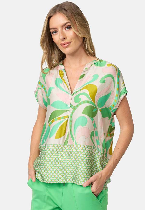 Please Jeans BLUSA CATNOIR A MANICHE CORTE IN ECOVEROSATIN - FIORI VERDI Pezzi Unici