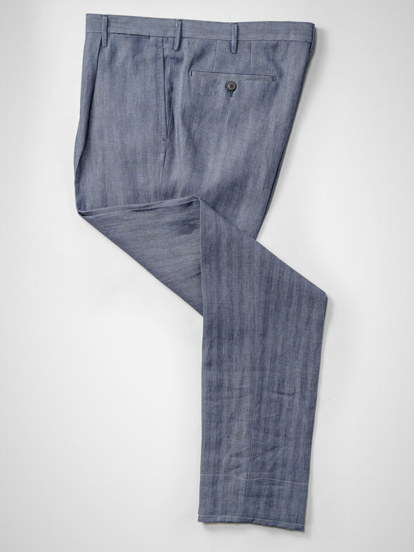 Rota Summer Medium blue herringbone pair of regular fit linen trousers Shopping Online