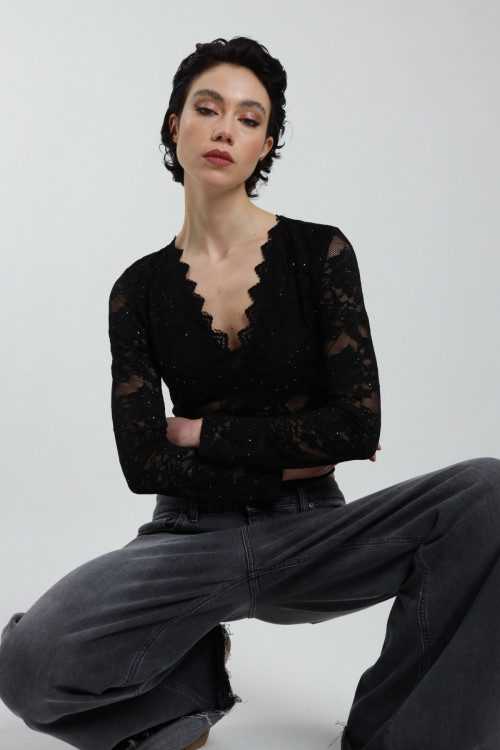 Susy Mix Maglia Pizzo Scollo V con Paillettes Presa
