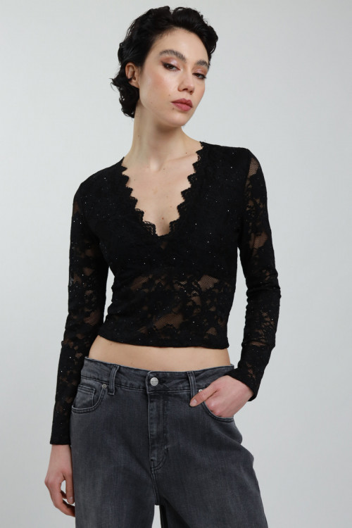 Susy Mix Maglia Pizzo Scollo V con Paillettes Presa