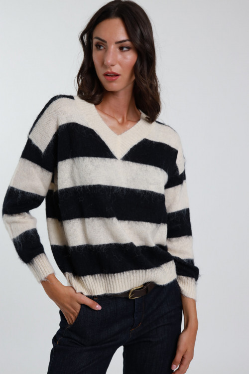 Susy Mix Maglione Rigato Scollo V Italia