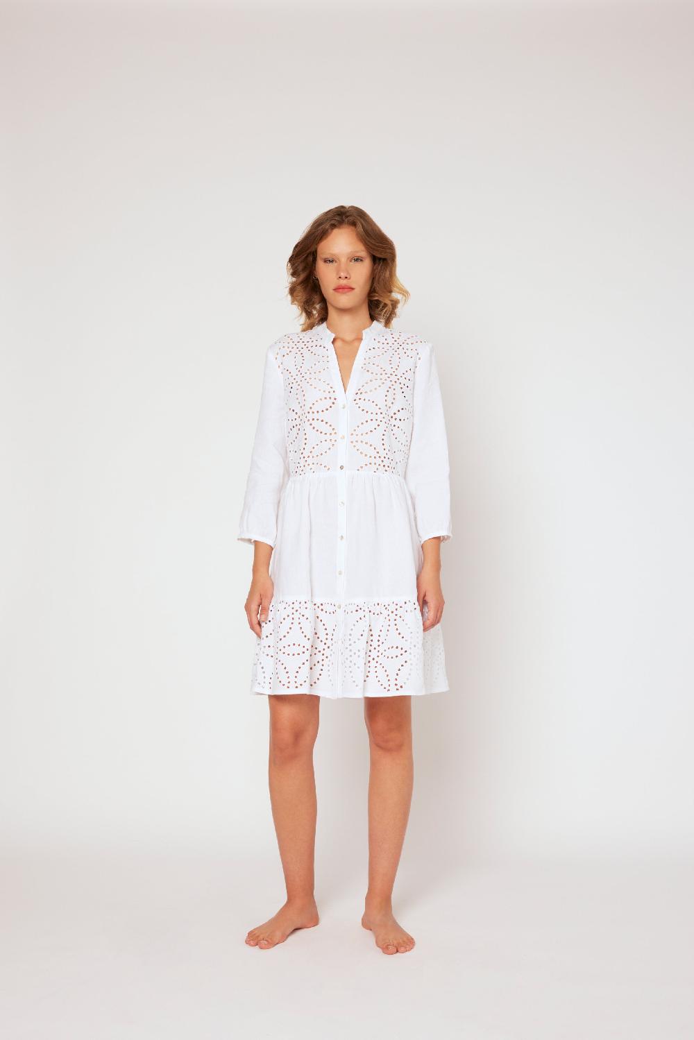 120% Lino Dress with Floral Embroidery In Saldo