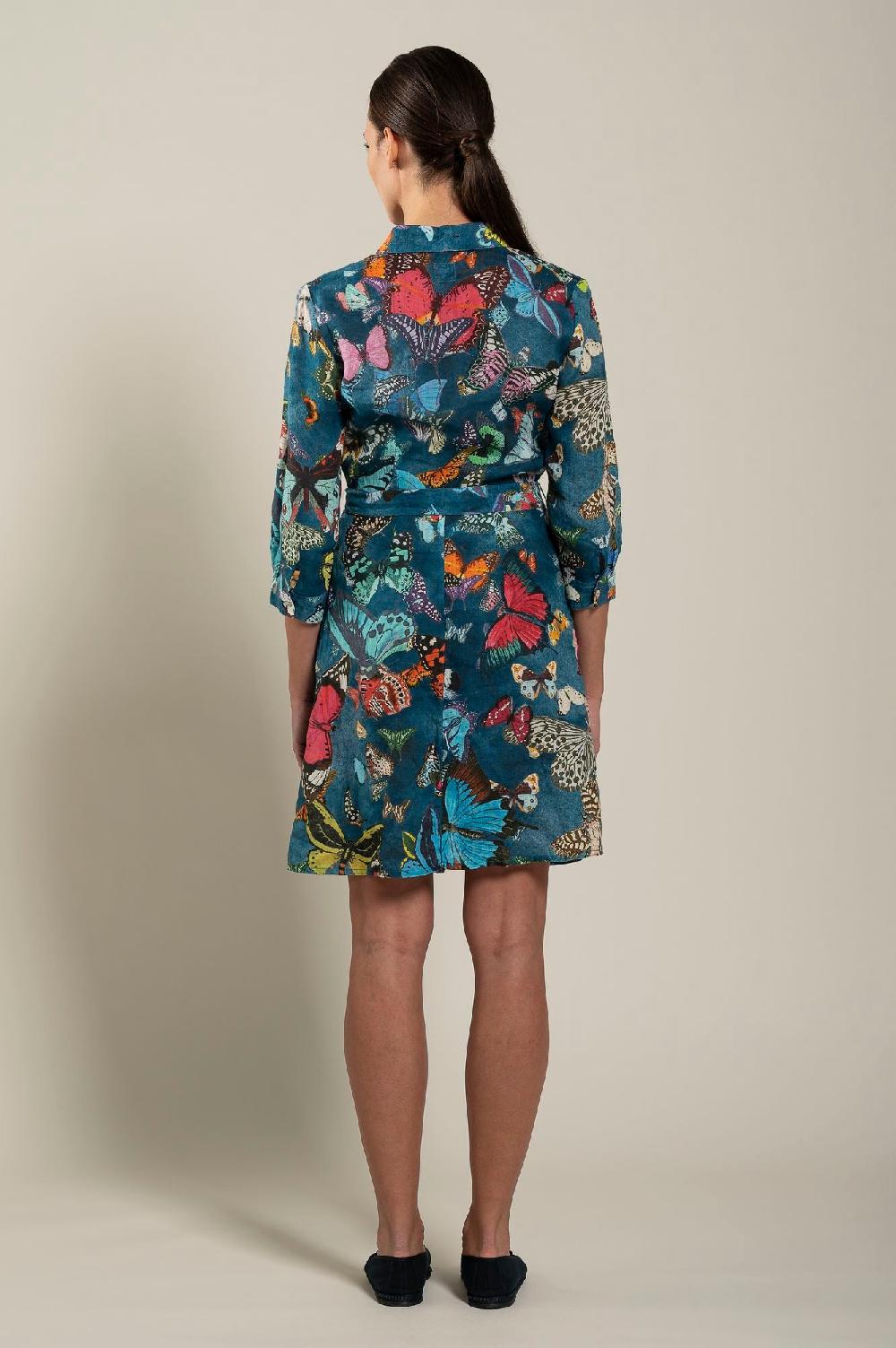 120% Lino Dress With Butterfly Printed and Belt Qualità Garantita