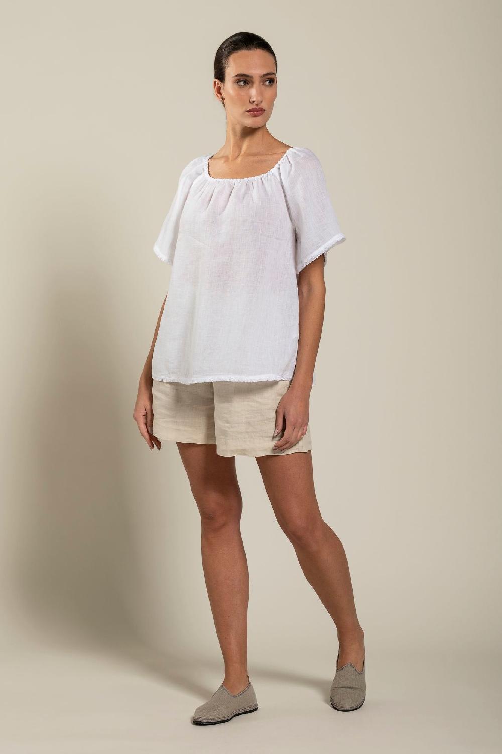120% Lino Short Sleeve Woman Blouse Fino Al -60%
