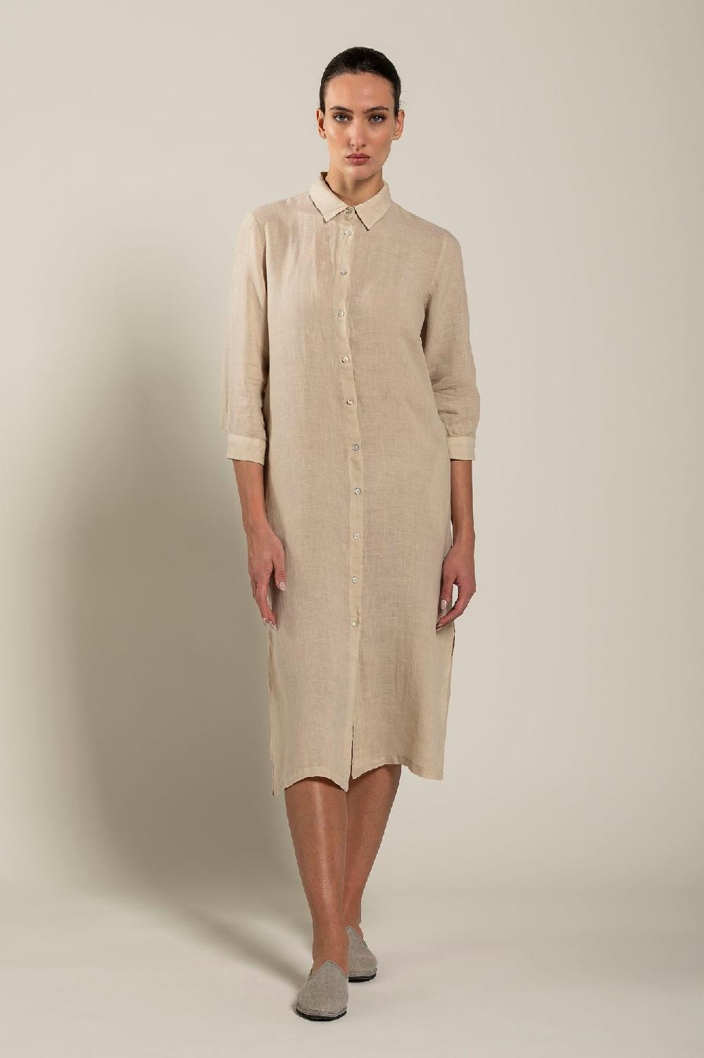 120% Lino Long Sleeve Shirt Dress with Side Slits Offerte