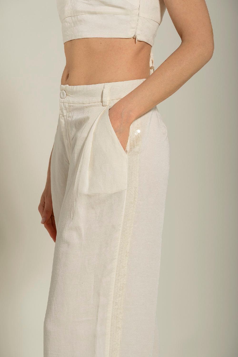 120% Lino Pant with Side Sequin Details Vendita Calda