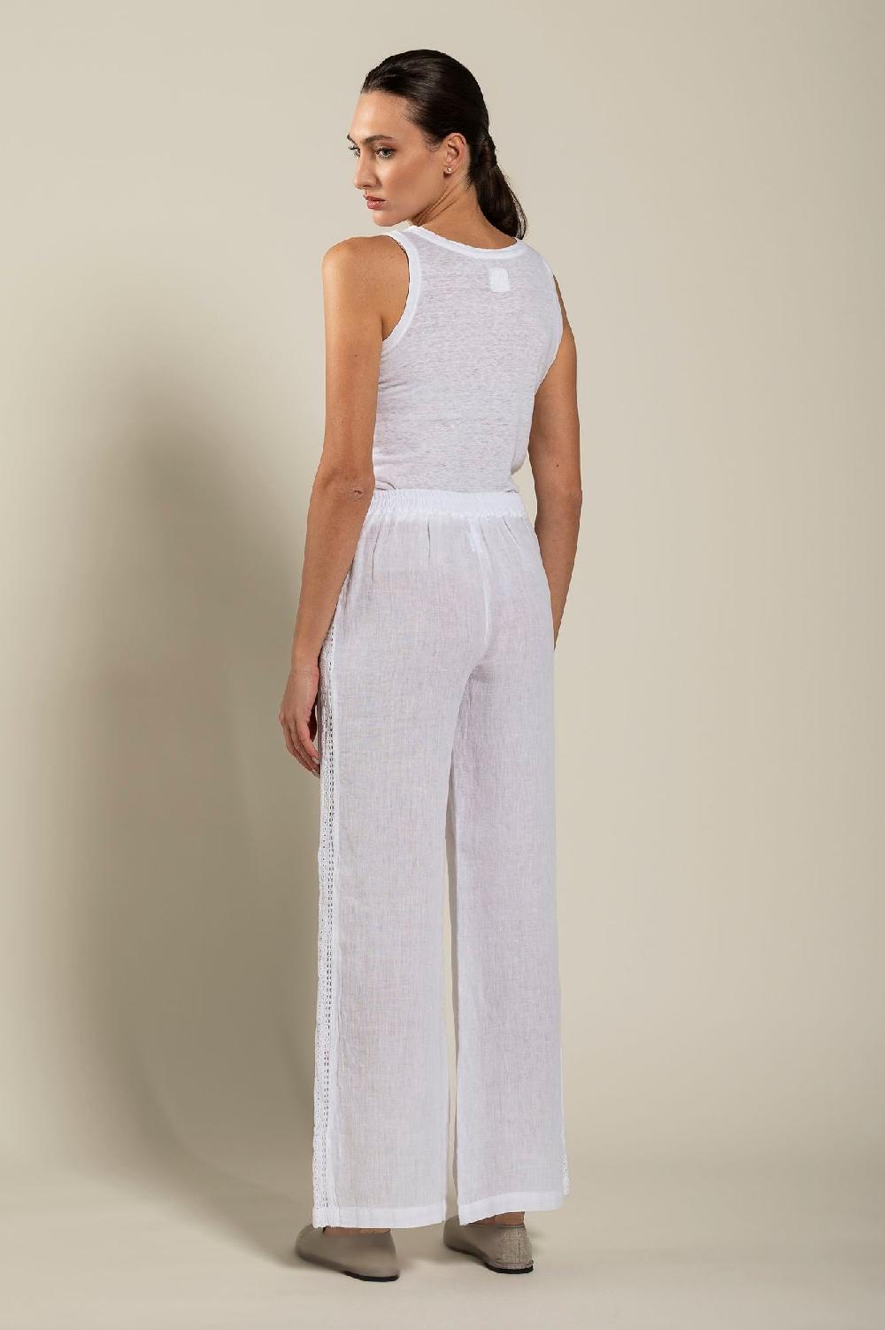 120% Lino Wide-Leg Long Pant With Embroidered Detail Vendita Economica