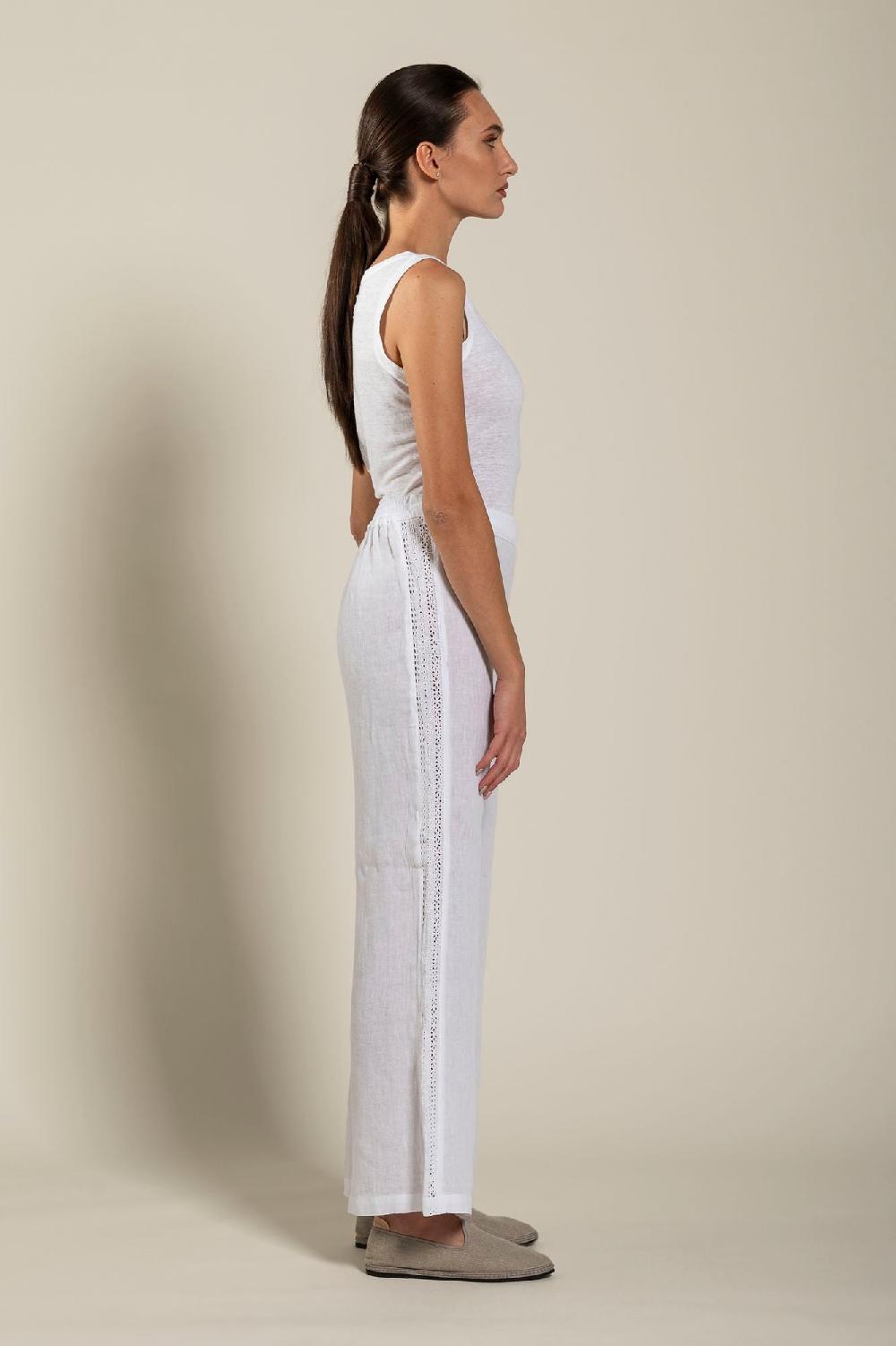 120% Lino Wide-Leg Long Pant With Embroidered Detail Vendita Economica