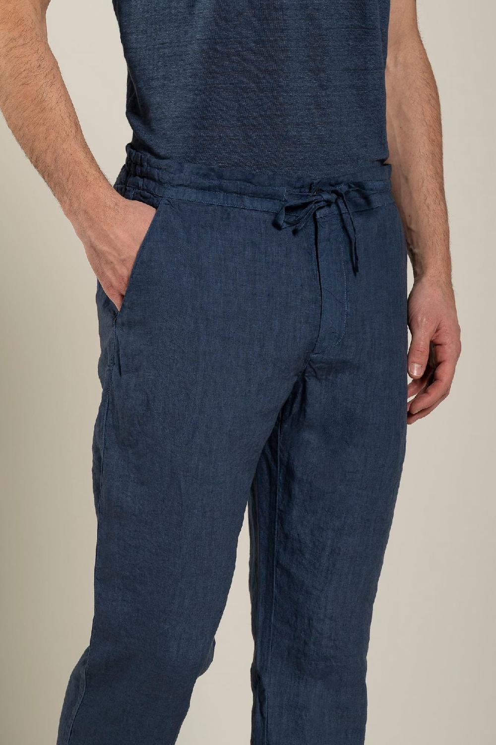 120% Lino Man Navy Drawstring Pant Italy