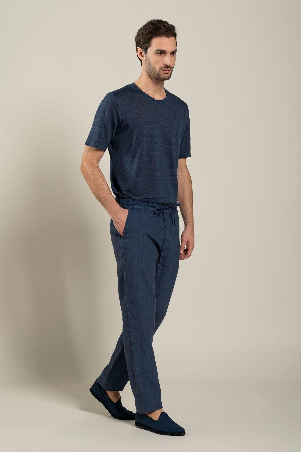 120% Lino Man Navy Drawstring Pant Italy