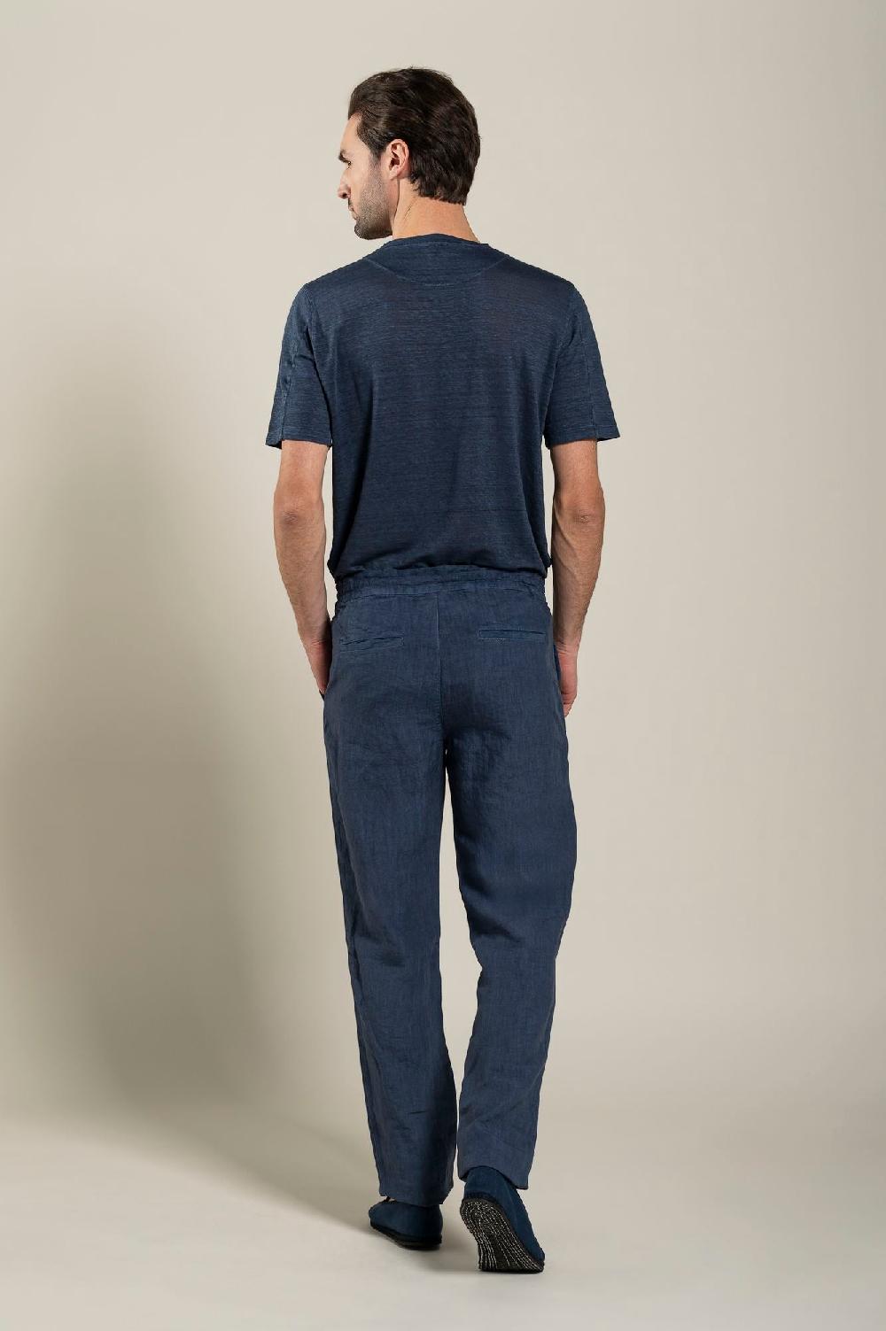 120% Lino Man Navy Drawstring Pant Italy