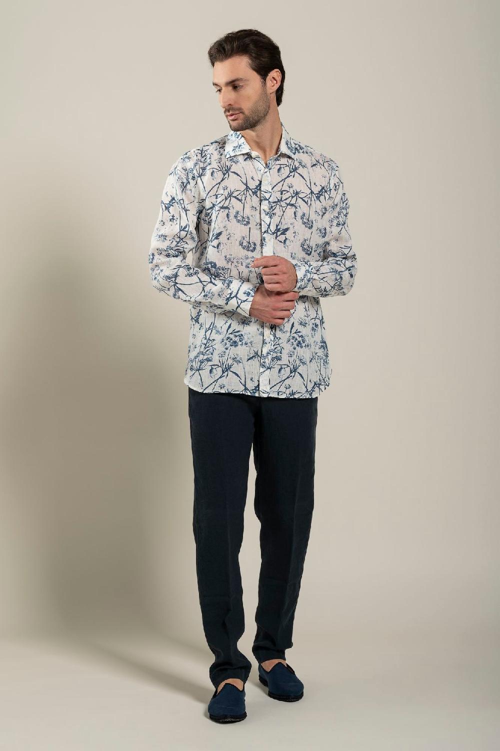 120% Lino Long Sleeve Man Slim Floral Patterned Fit Shirt 2025