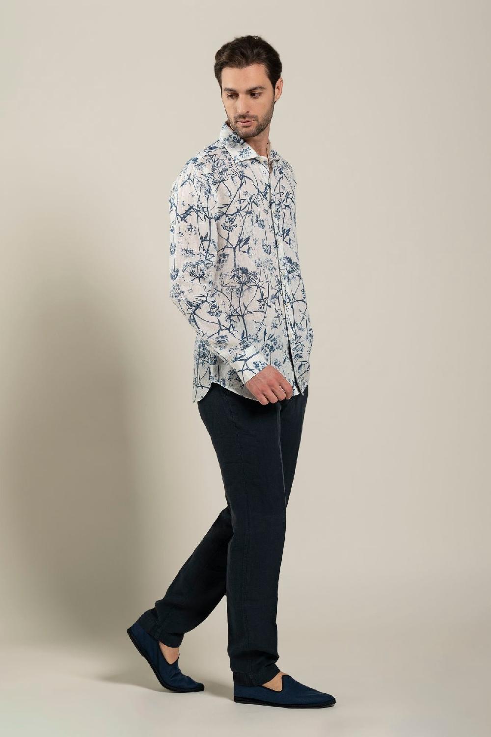 120% Lino Long Sleeve Man Slim Floral Patterned Fit Shirt 2025