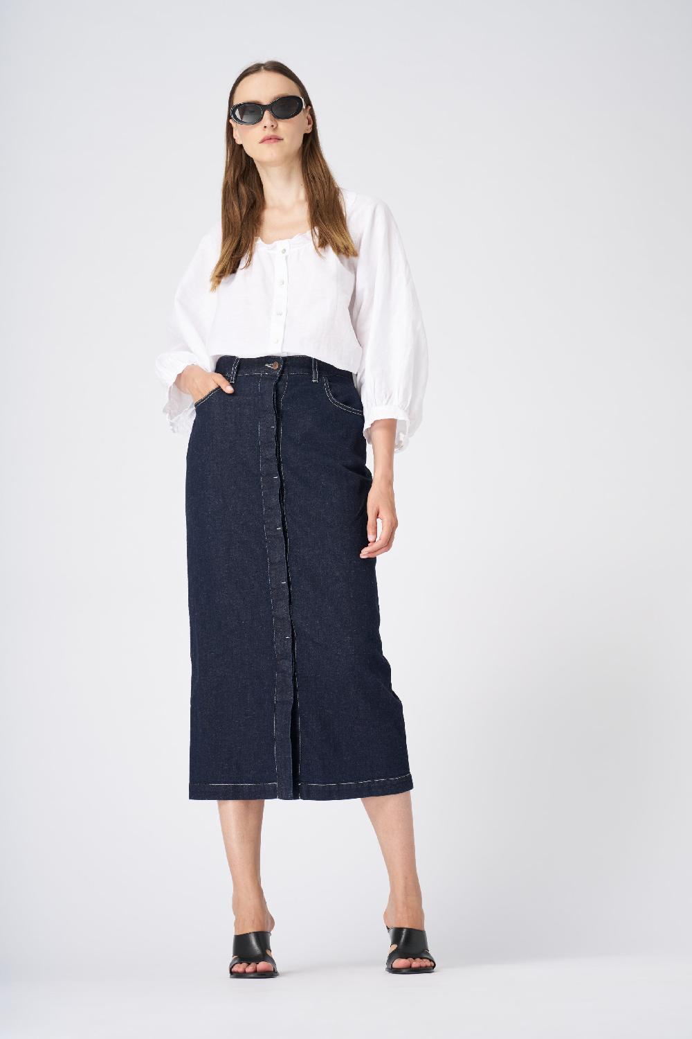 120% Lino Classic High-Waisted Denim Midi Skirt Consegna Veloce