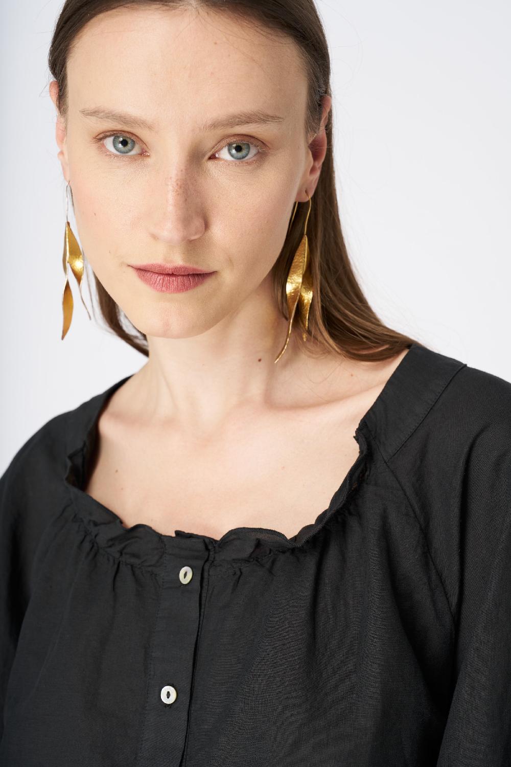 120% Lino Ruffled Neckline Linen Peasant Blouse Shopping Online
