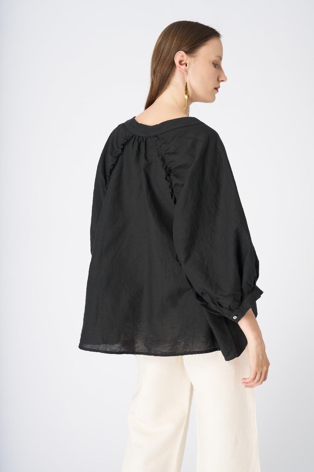 120% Lino Ruffled Neckline Linen Peasant Blouse Shopping Online