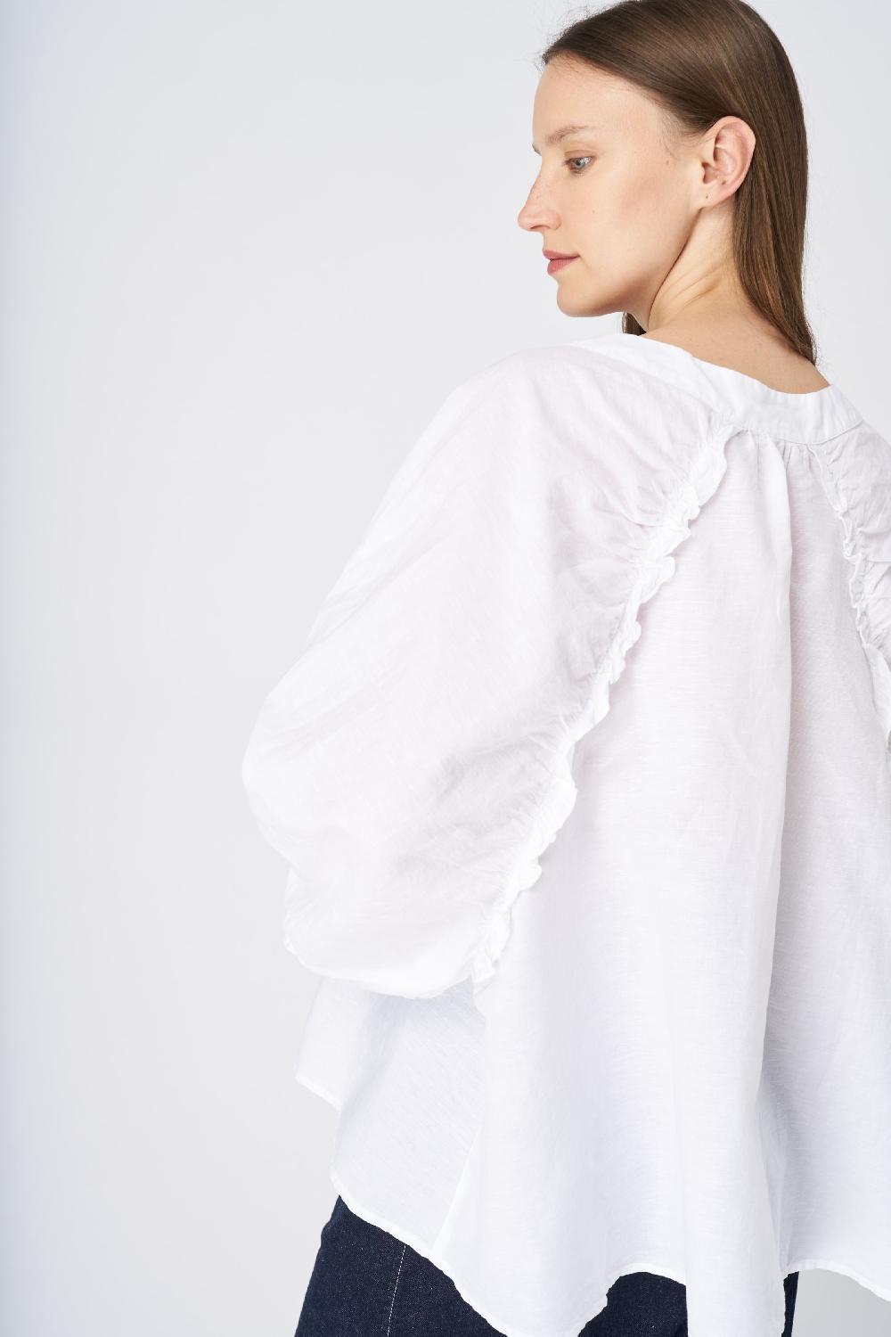 120% Lino Ruffled Neckline Linen Peasant Blouse Shopping Online