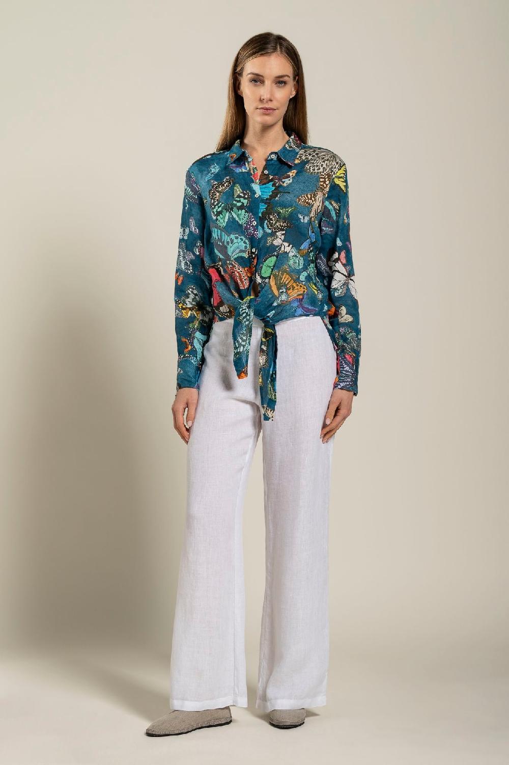 120% Lino Tie-Front Butterfly Print Shirt Hotsell